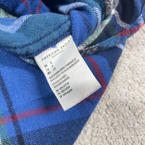 American Eagle Flannel Shirt Mens Small Plaid Pockets Blue Outdoors Casual - Picture 5 of 14